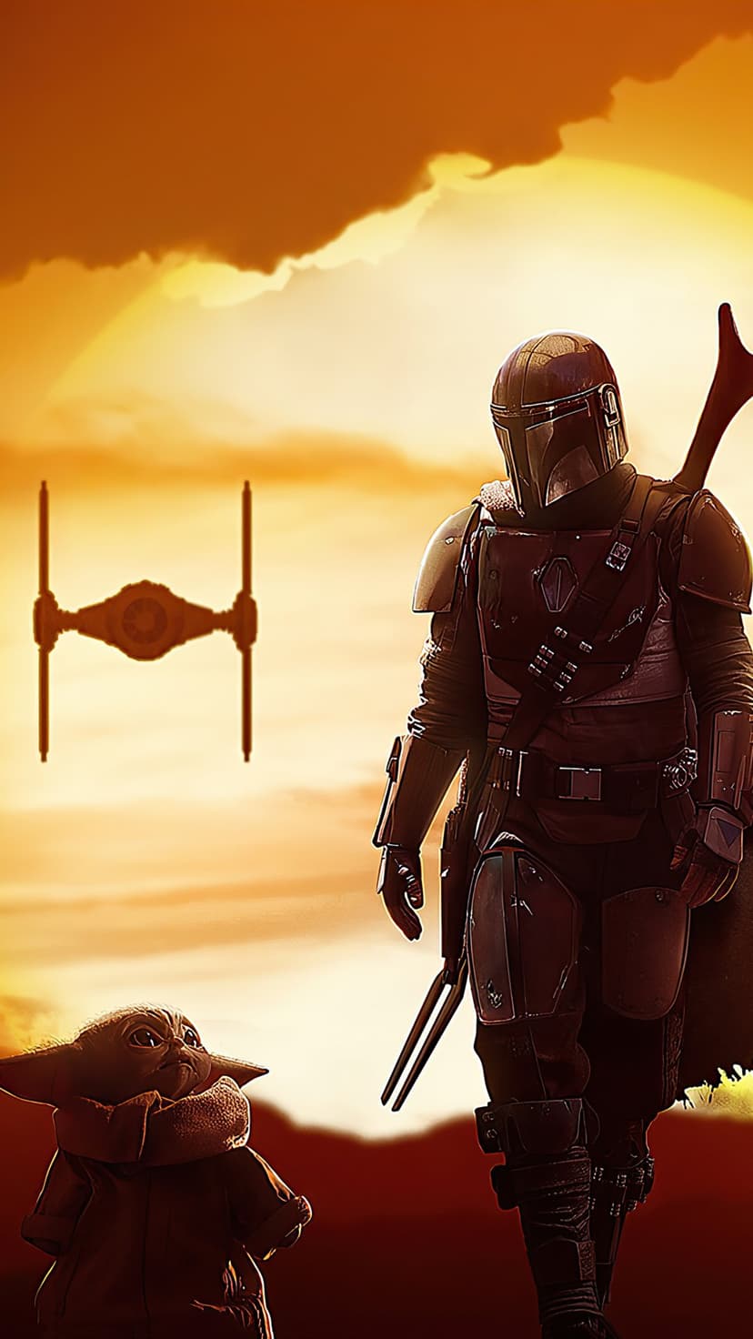 Mandalorian in silver armor stands with Grogu in a desert during an orange sunset with a distant TIE fighter.