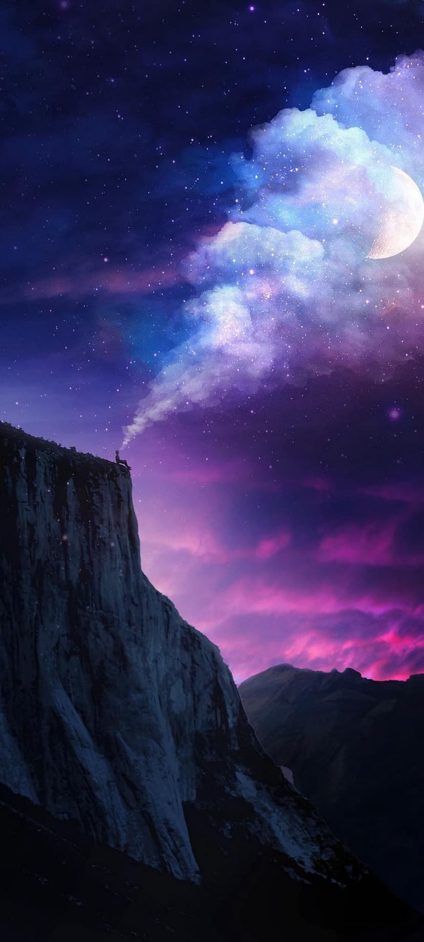 Person sitting on a cliff exhaling smoke into a purple starry sky with a large moon and sharp mountain peaks.