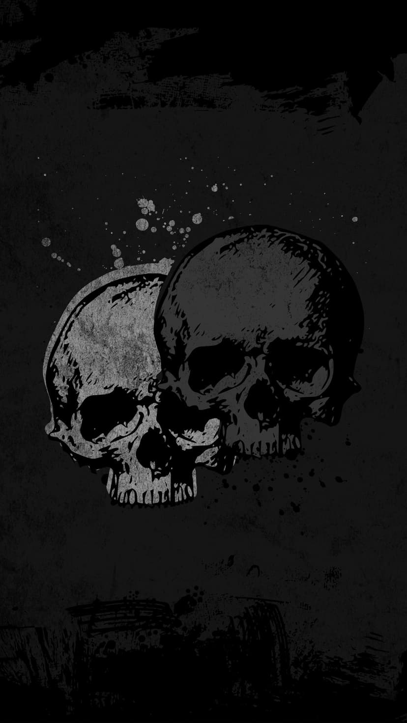 Two human skulls surrounded by splattered black ink and distressed grunge textures on a white background.
