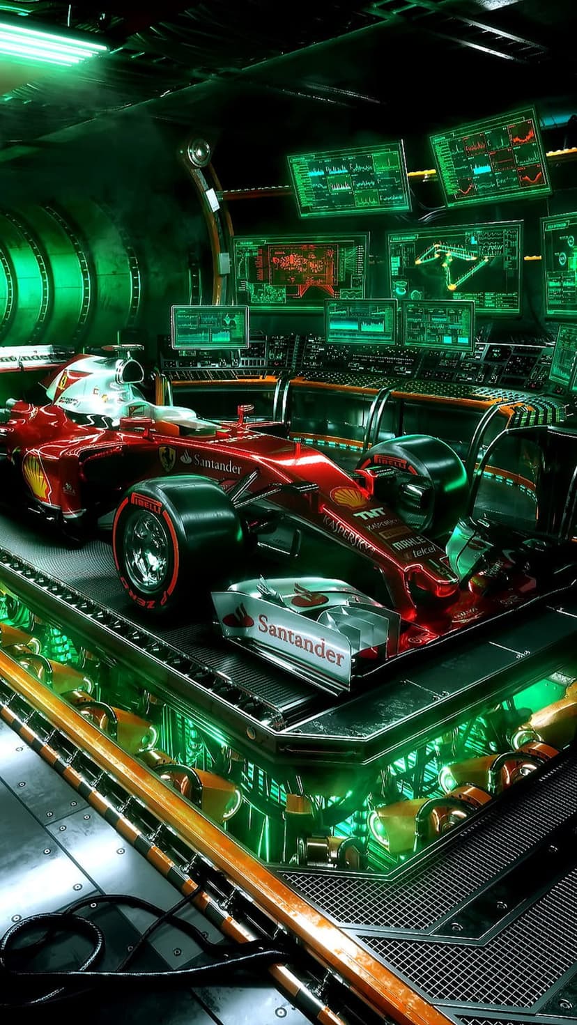 Red Formula 1 car sits in a dark laboratory surrounded by glowing green computer screens and tech equipment.
