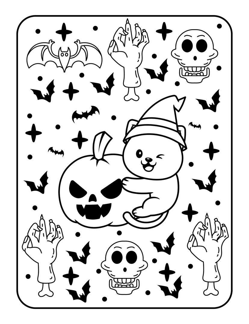 Halloween coloring page showing cat wearing witch hat next to jack-o'-lantern with bats and zombie hands.