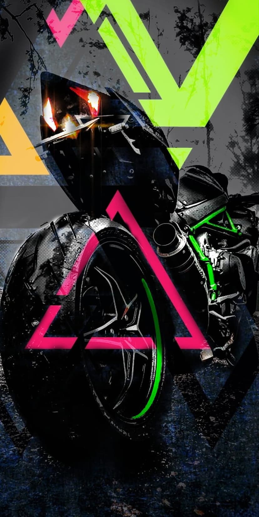 Black sport motorcycle featuring neon pink and green triangles over its rear wheel against a dark grunge background.