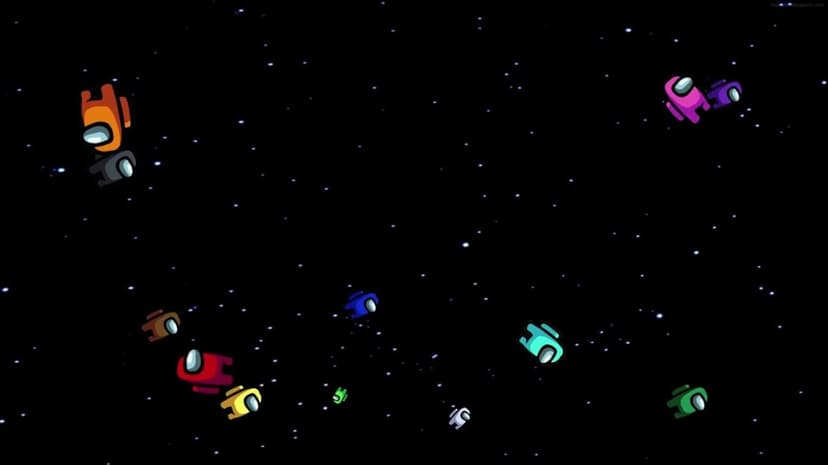 Colorful Among Us crewmates floating in a dark, starry outer space with distant glowing points of light.