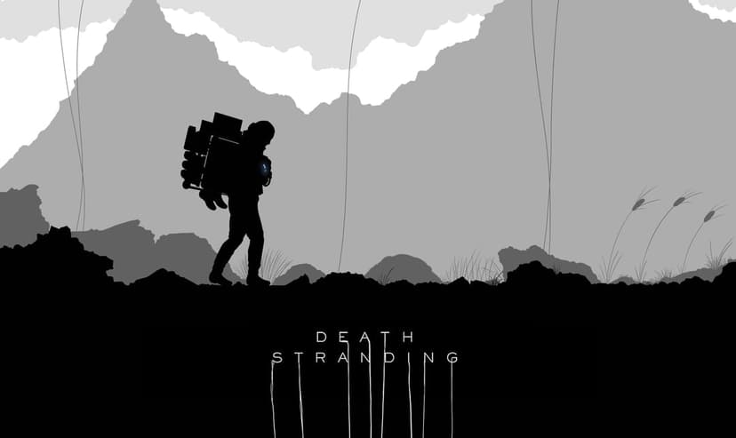 Sam Porter Bridges silhouette walking across rocky terrain with mountains and strands in a grayscale scene.