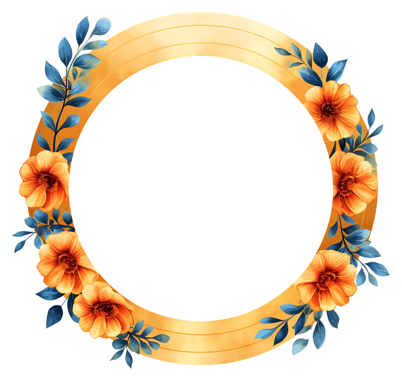 Floral wreath circular frame featuring green leaves and white blossoms against a transparent background.