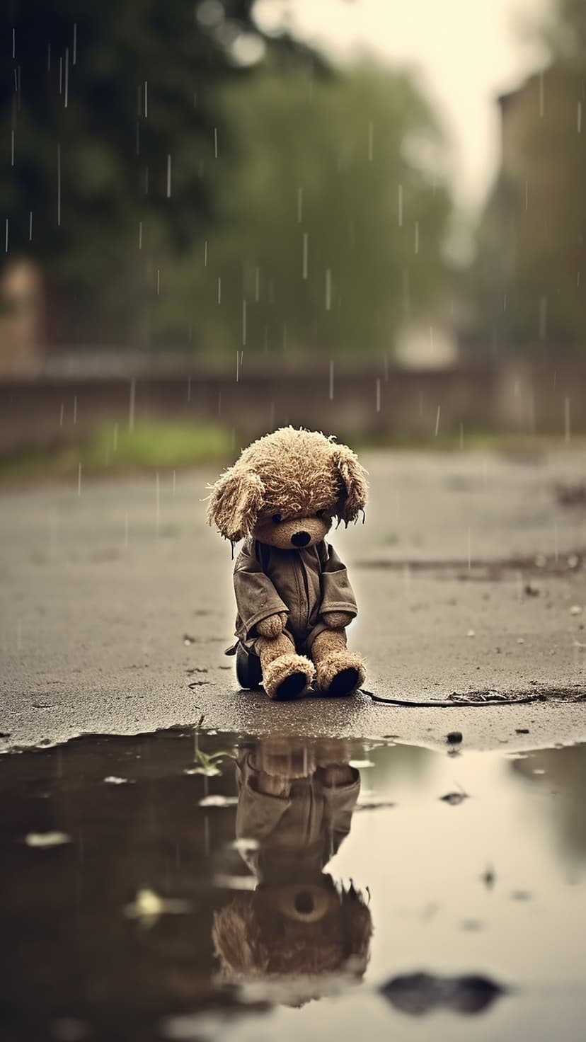 Teddy bear sits on wet asphalt reflecting in a rainwater puddle under a gloomy, overcast sky during a storm.