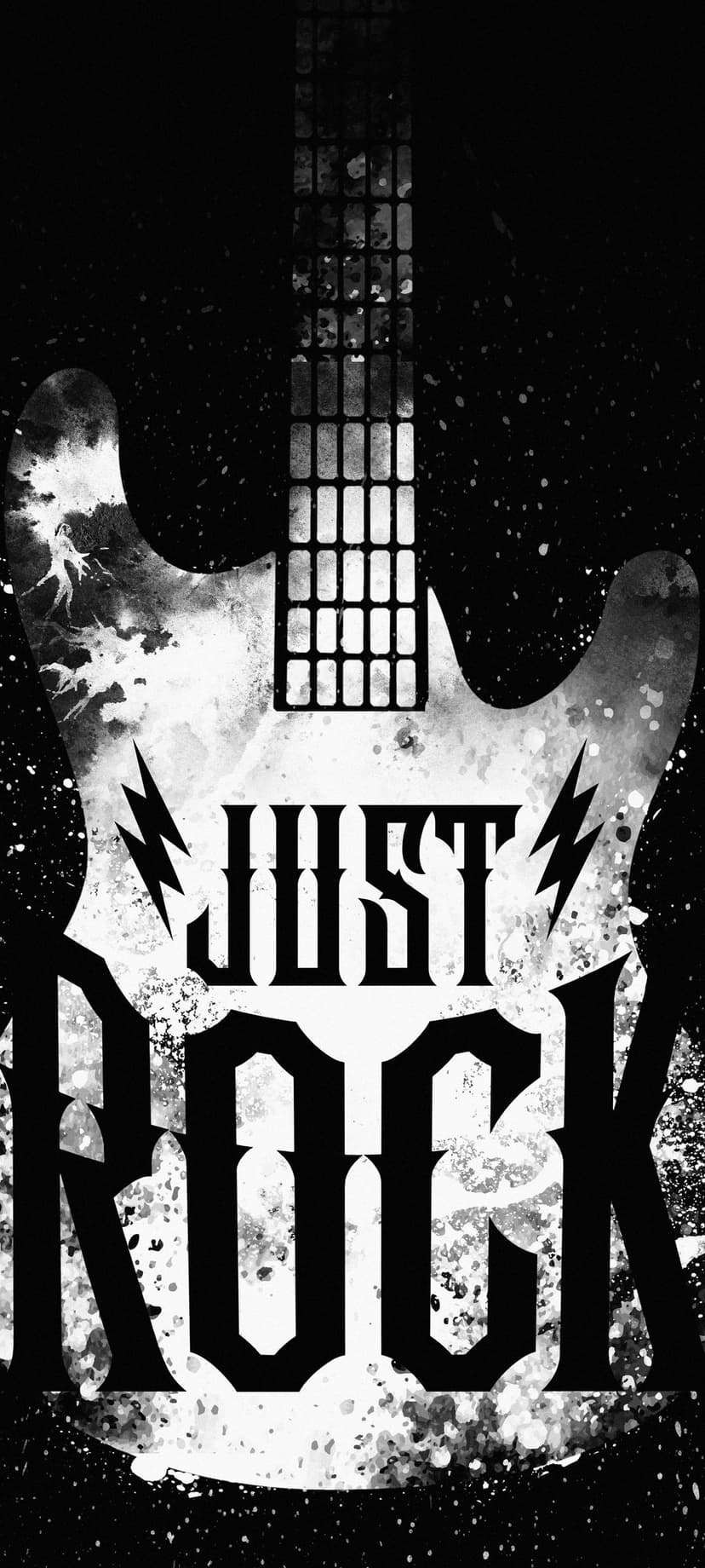 Electric guitar silhouette with Just Rock text, lightning bolts, and grunge paint splatters in black and white.