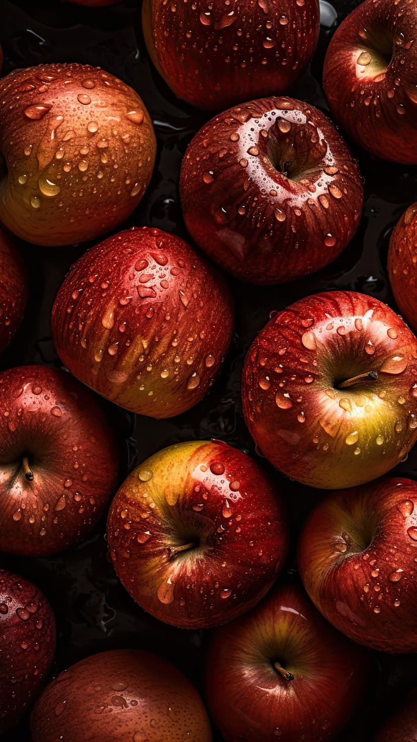 Red apples with clear water droplets on a dark background in a top-down view showing fresh fruit textures.