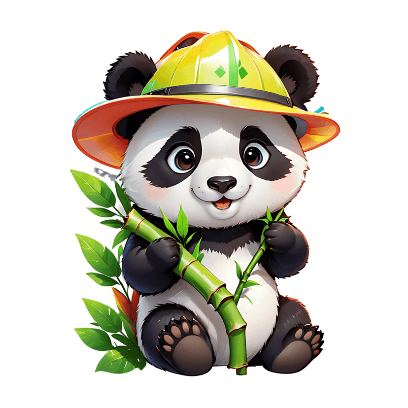 Kawaii panda sticker wearing a yellow safari hat holds green bamboo stalks against a white background.