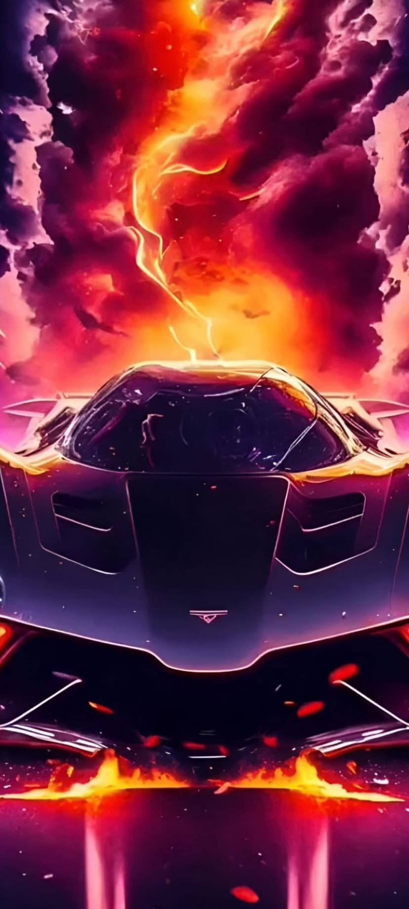 Futuristic supercar with glowing accents speeds through a swirling violet and gold cosmic nebula in deep space.