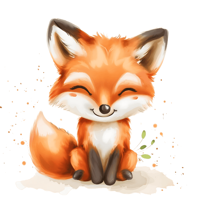 Watercolor fox cub sitting with pink floral accents and yellow blossoms featuring soft orange fur textures.