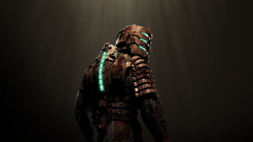 Isaac Clarke in rusty engineering suit with glowing blue spine light and helmet visors in a dark, dusty scene.