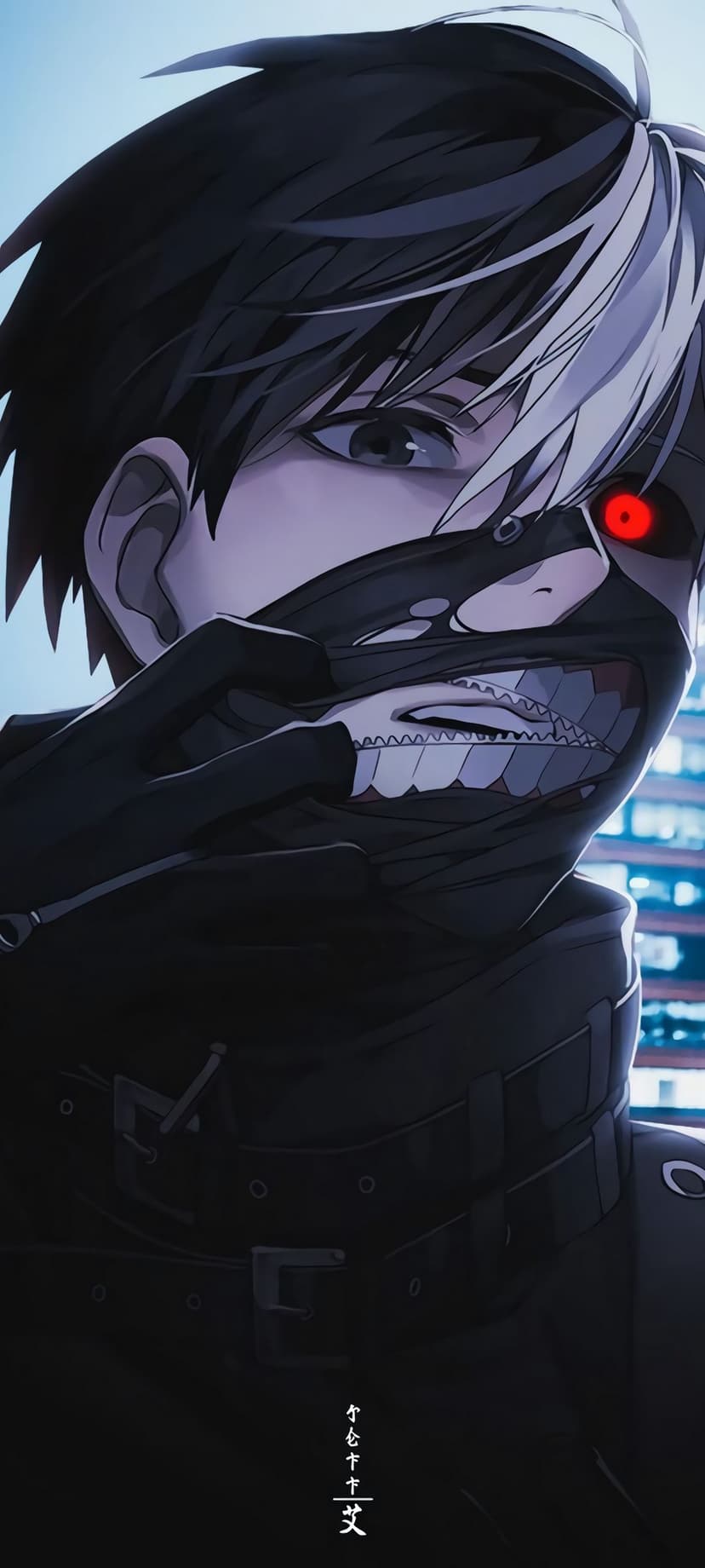 Ken Kaneki wears a black leather ghoul mask with a glowing red eye against a blurred night city background.