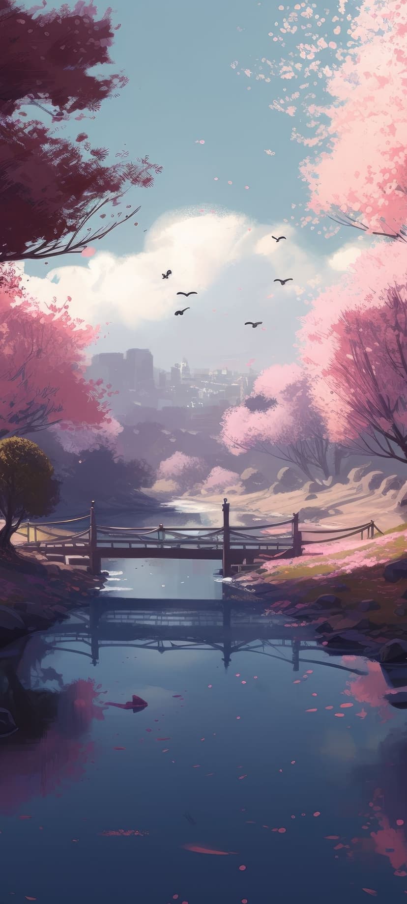 Wooden bridge under pink cherry blossoms beside reflecting water with birds flying against a cloudy sky.