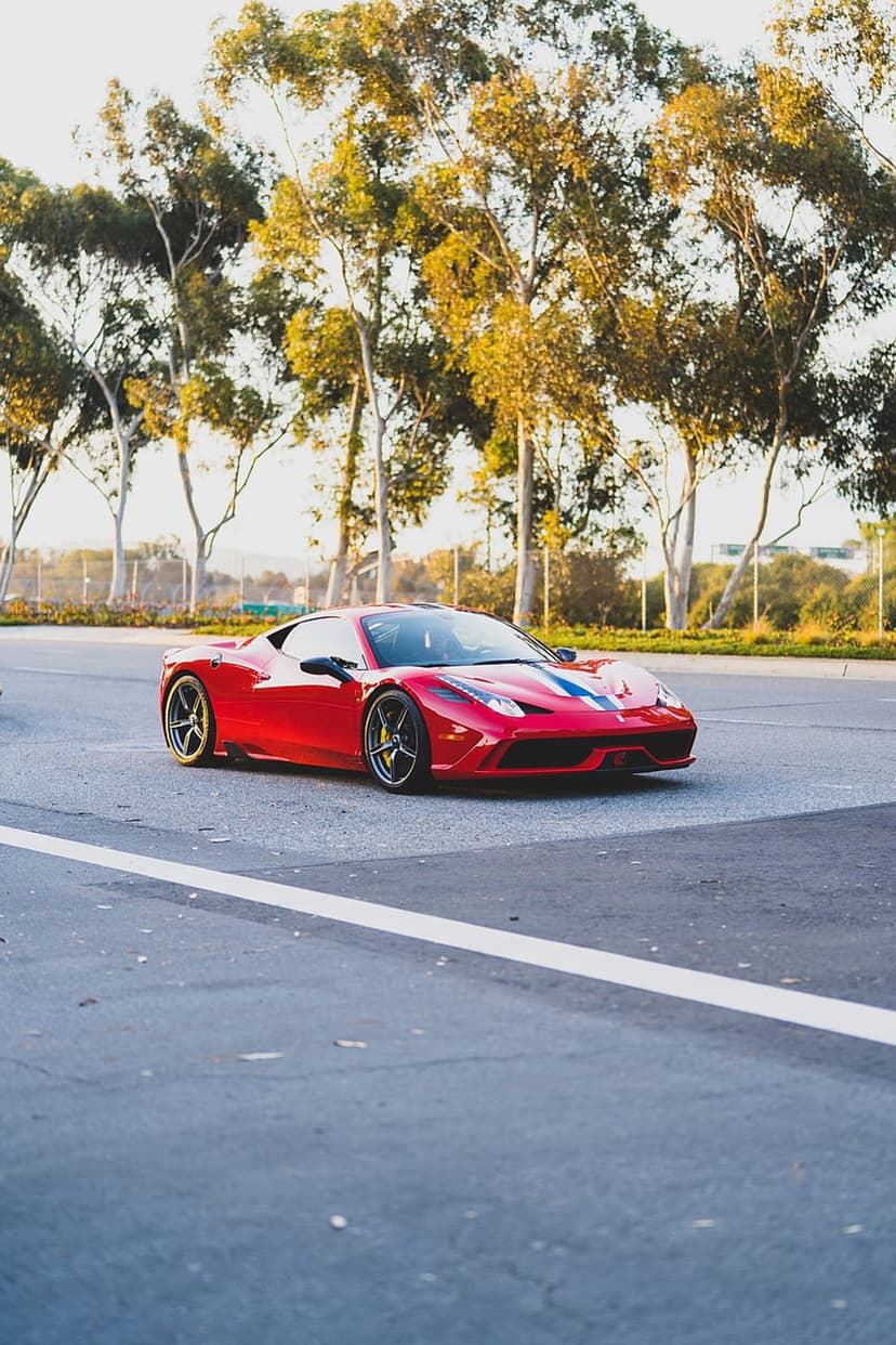 Red Ferrari 458 Italia with blue stripes drives on asphalt past eucalyptus trees in golden afternoon light.