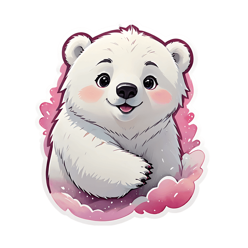 Polar bear sticker illustration features a white cub with pink cheeks and fluffy fur in a front view pose.