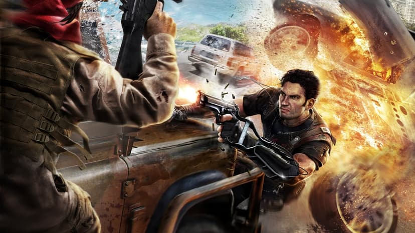 Rico Rodriguez firing a pistol from a moving vehicle during a massive car explosion with flying debris.
