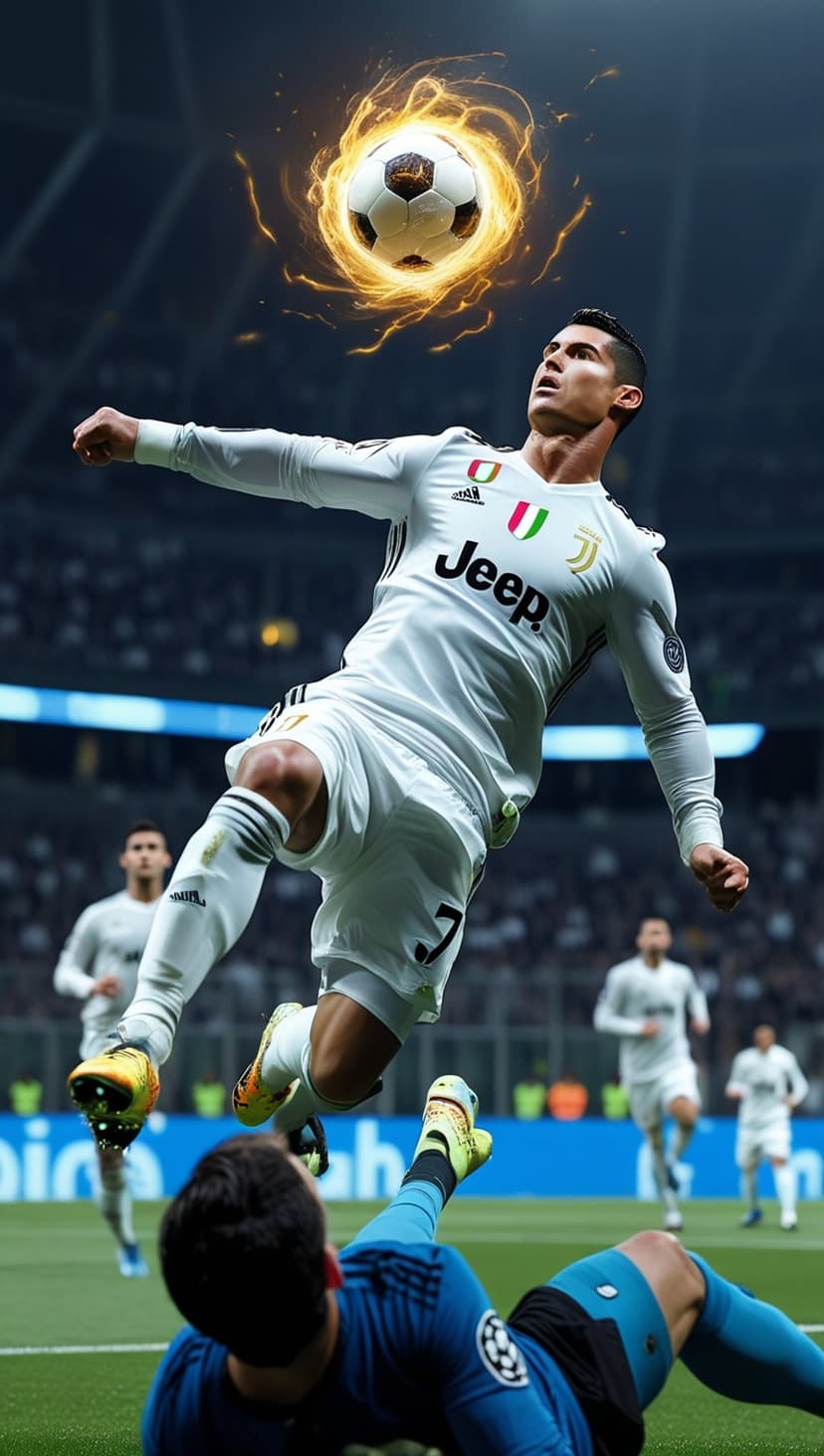 Cristiano Ronaldo performs an overhead kick on a flaming soccer ball inside a crowded stadium at night.