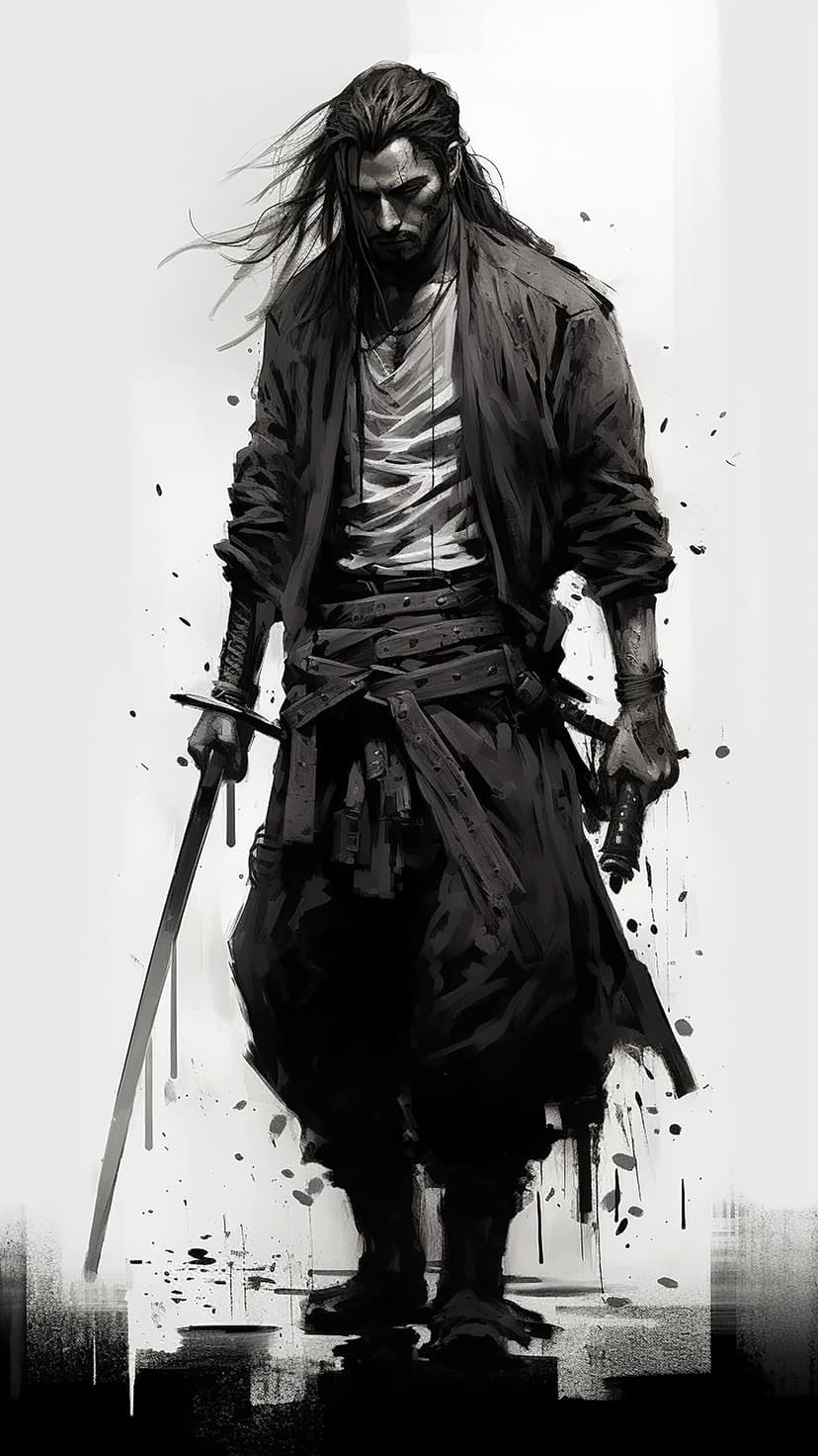 Samurai warrior with long hair holding a katana and sword amidst dark ink splatters in a vertical portrait.