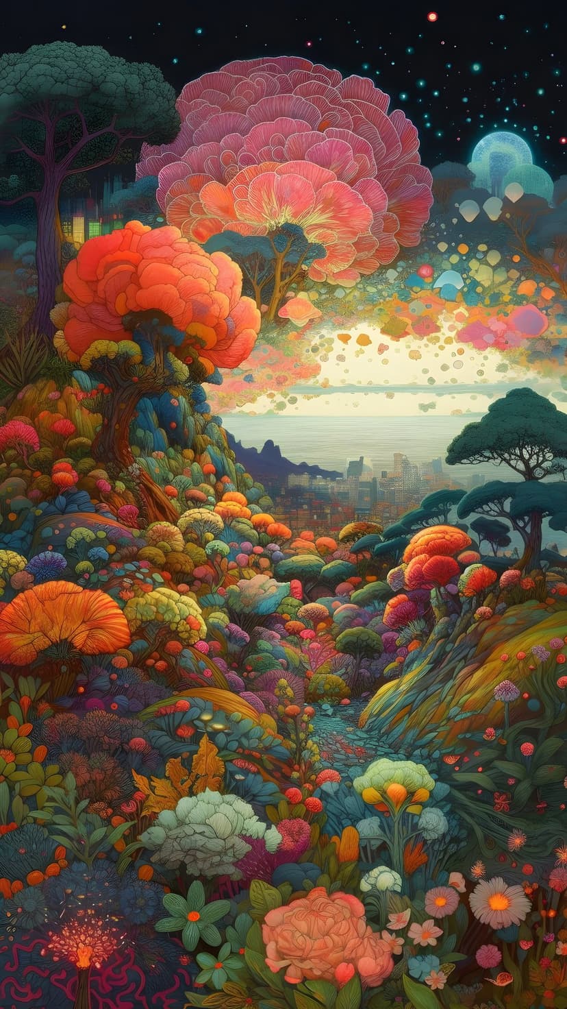 Glowing oversized flowers and bioluminescent plants grow beneath a starry night sky with a distant city skyline.