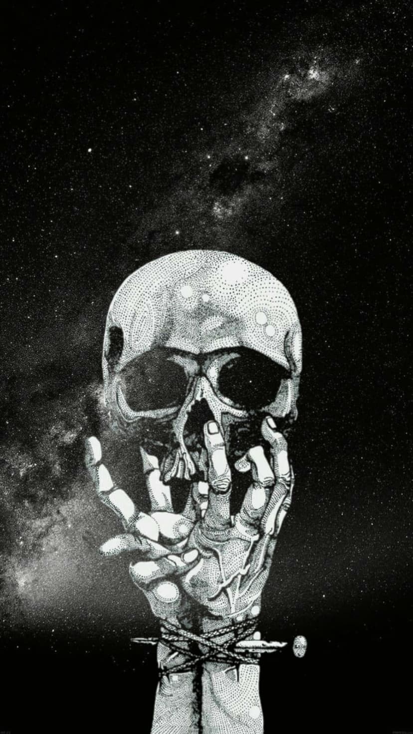 Skeletal hand bound with rope holding a skull against a stippled starry sky in a vertical black and white art piece.