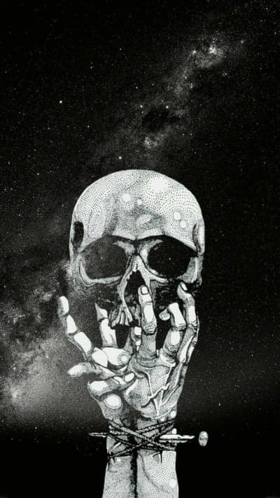Surreal Cosmic Skull and Bound Hand Stipple Art Wallpaper