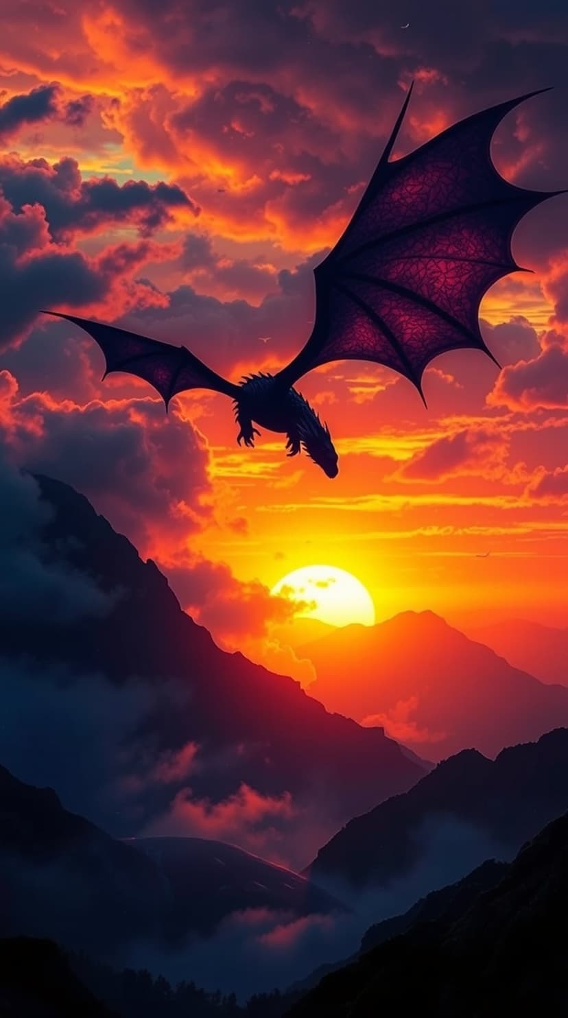 Purple dragon with wide wings soaring above jagged mountains and glowing orange clouds during a sunset.