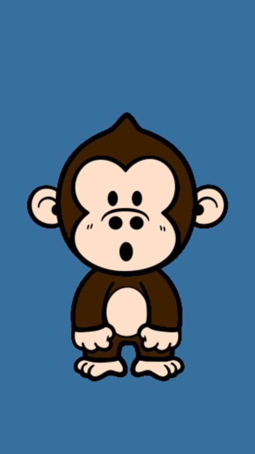 Brown monkey with a large white face and wide eyes shows a surprised expression against a solid blue background.