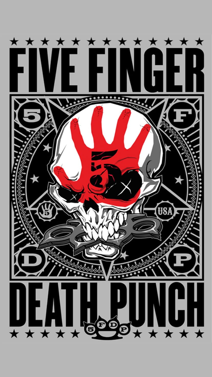 Skull with a red handprint and brass knuckles gripped in teeth against a dark, high-contrast background.