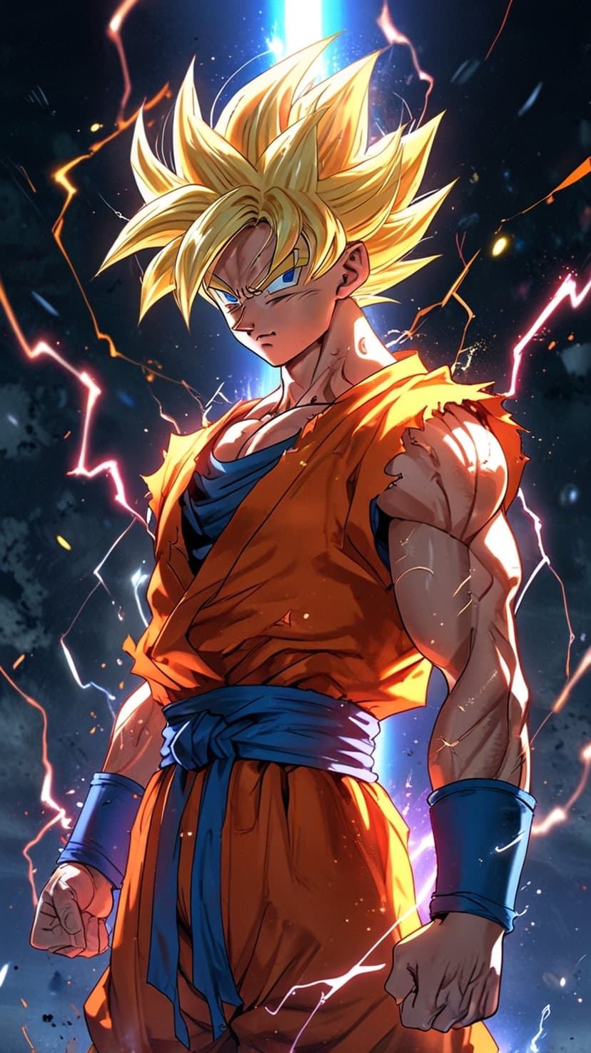 Goku stands with clenched fists as a golden aura and blue lightning surge around his muscular Super Saiyan form.