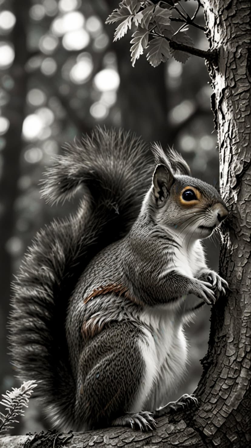 Squirrel with detailed fur perched on a tree trunk in a grayscale forest with a blurred foliage background.