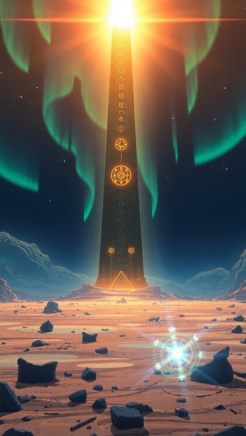 Towering stone obelisk with glowing symbols stands under a green aurora borealis and starry night sky in a tundra.