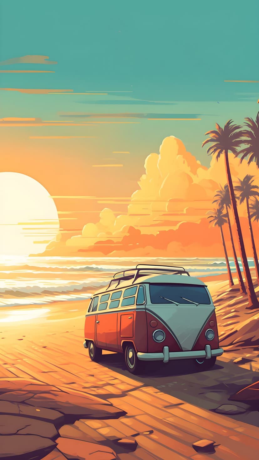 Red camper van parked on a wooden plank beach with palm tree silhouettes against a massive orange setting sun.