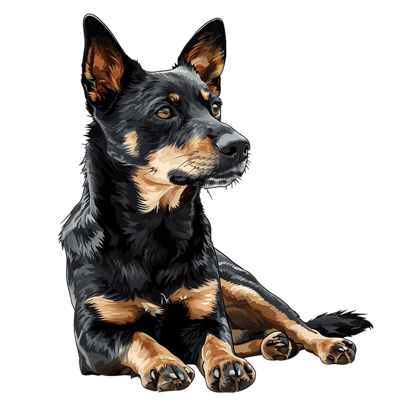 Australian Kelpie dog lying down in a digital illustration with a solid black background and tan markings.