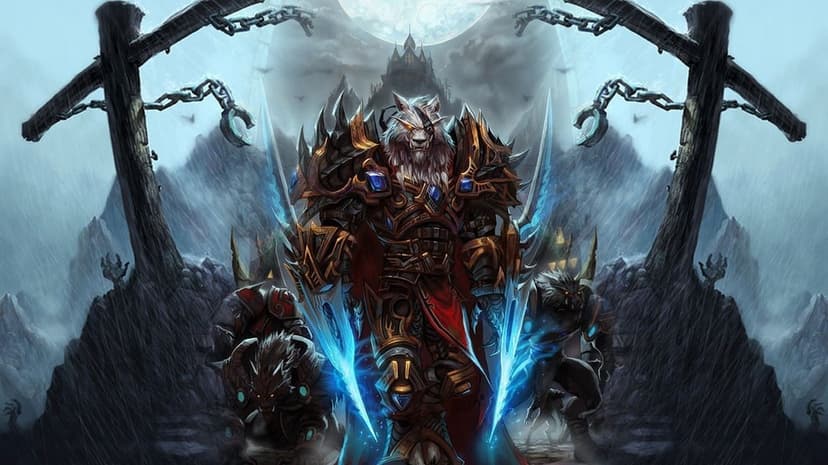 Armored werewolf warrior with glowing blue swords standing before a dark gothic castle under a full moon.