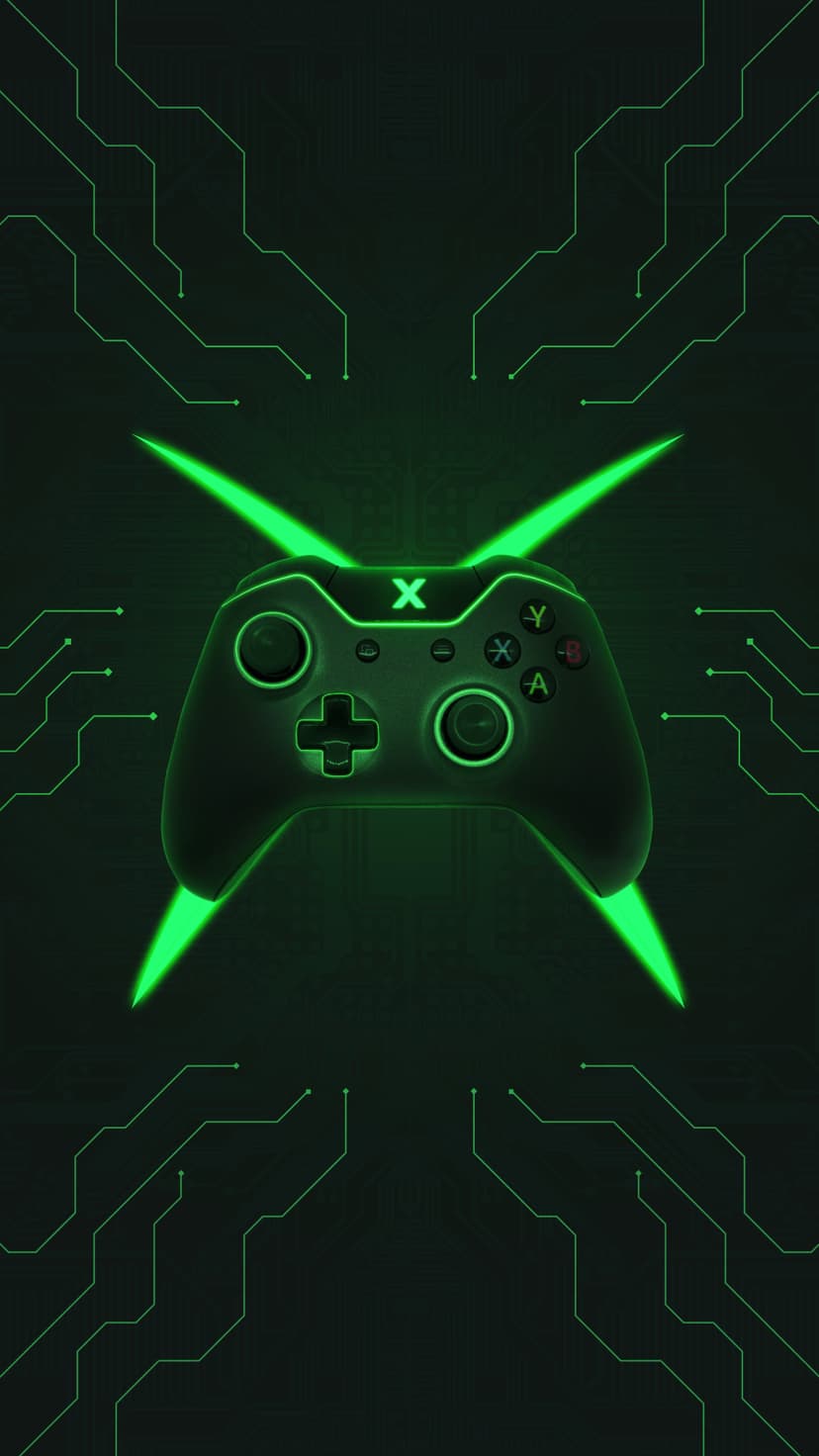 Green Xbox controller glowing on a dark circuit board background with neon electronic paths and motherboard traces.