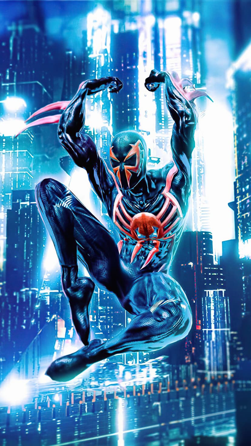 Spider-Man 2099 leaps between glowing blue and pink skyscrapers in a futuristic night city landscape.