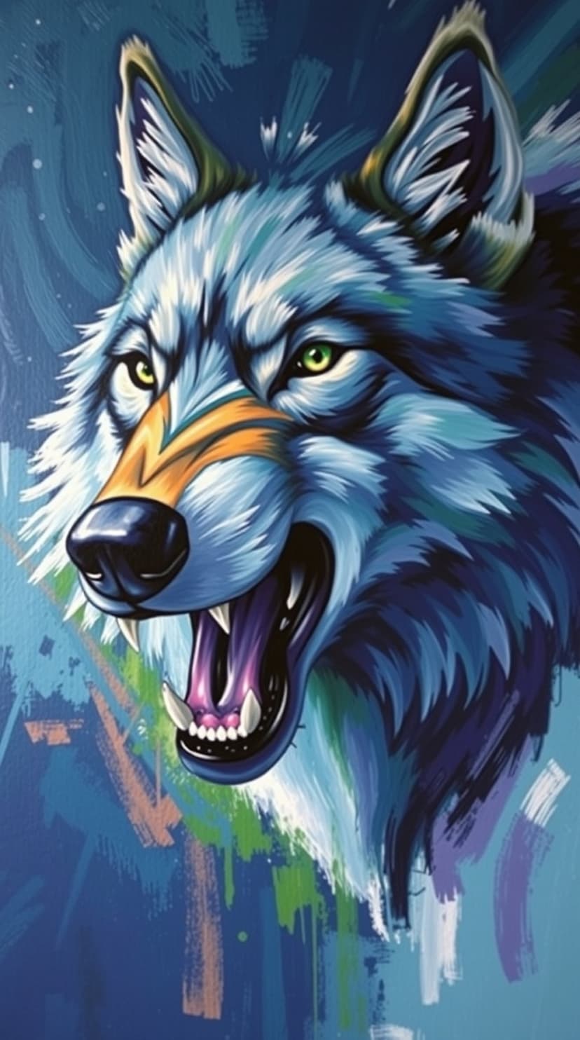 Blue wolf with open jaws, green eyes, and orange snout stripe against a splash of vibrant teal paint strokes.