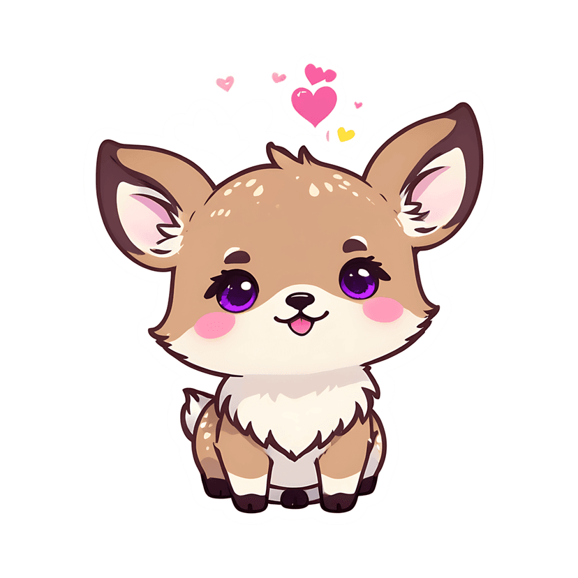 Brown fawn sticker vector illustration features a front-facing deer with purple eyes and pink floating hearts.