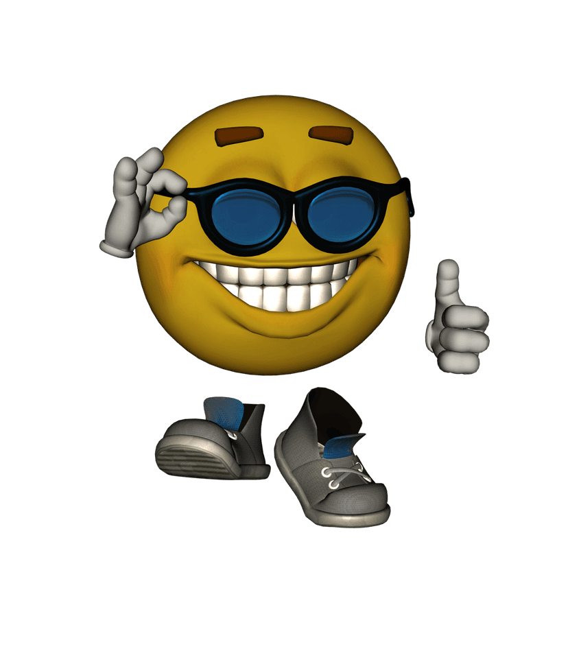 Sunglasses emoji giving a thumbs up gesture features a glossy yellow face with dark lenses and a gloved hand.