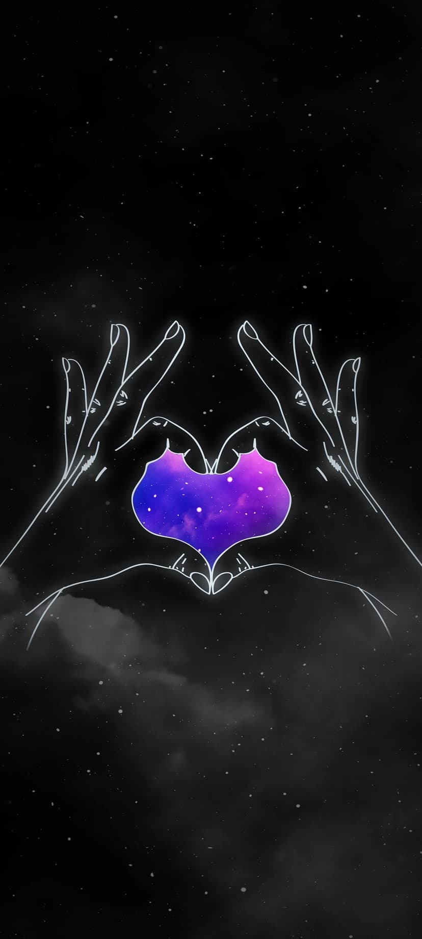 Hands forming a heart silhouette containing a purple and blue galaxy with shimmering stars on a dark backdrop.