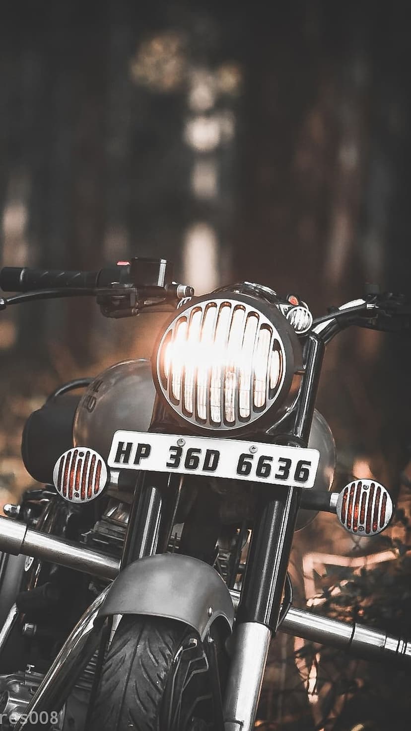 Royal Enfield motorcycle headlight and license plate with chrome detailing against a blurred forest background.