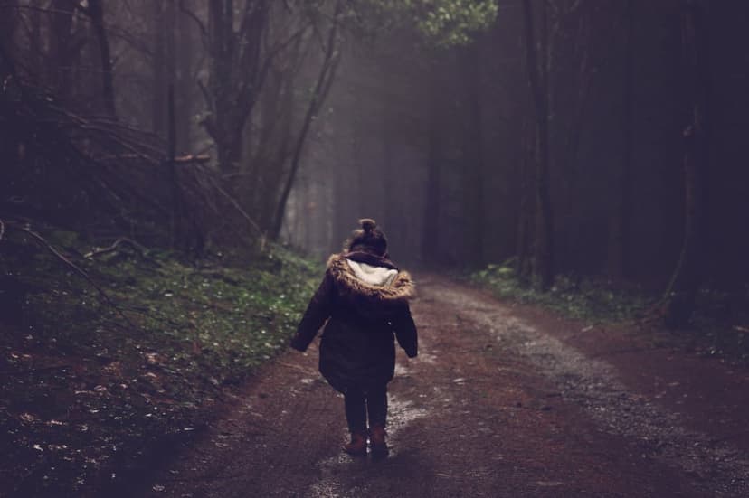 Person in a fur-lined hood walks away on a wet dirt path through tall, misty trees in a dark forest setting.