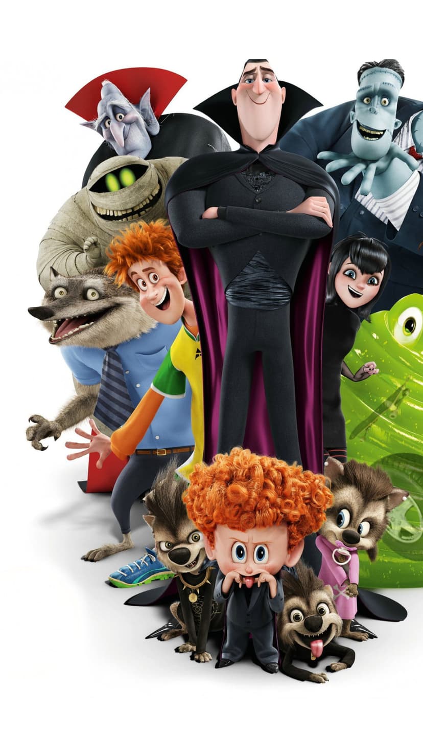 Dracula, Mavis, and the Hotel Transylvania monsters pose in a vibrant group lineup on a clean white background.