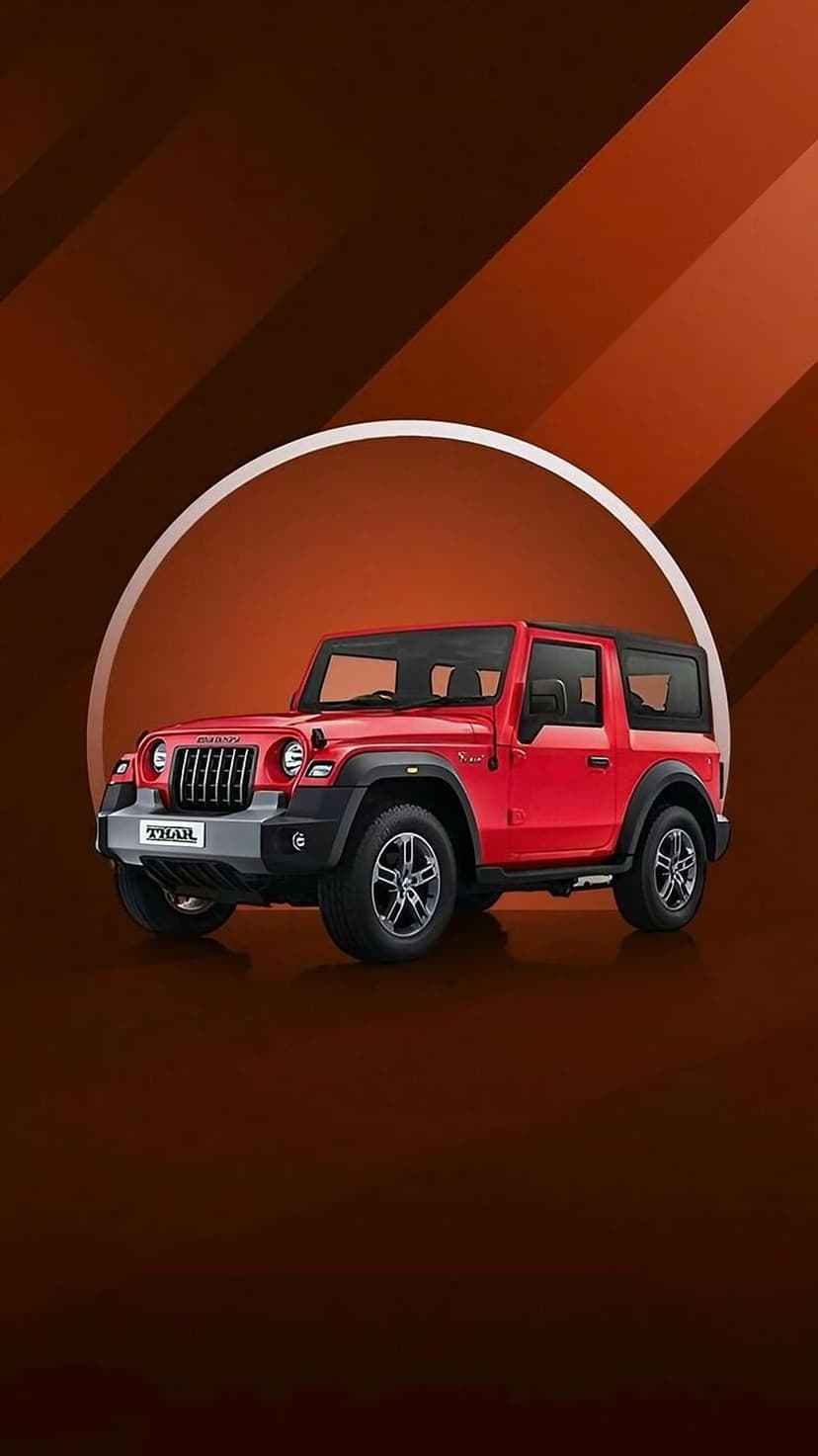 Red Mahindra Thar SUV with rugged tires and signature grille against a warm abstract gradient background.