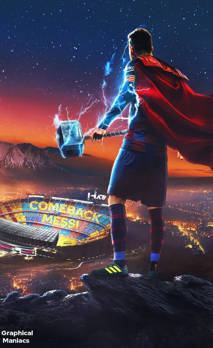 Lionel Messi as a superhero holds a glowing hammer on a cliff overlooking a stadium with a sunset backdrop.
