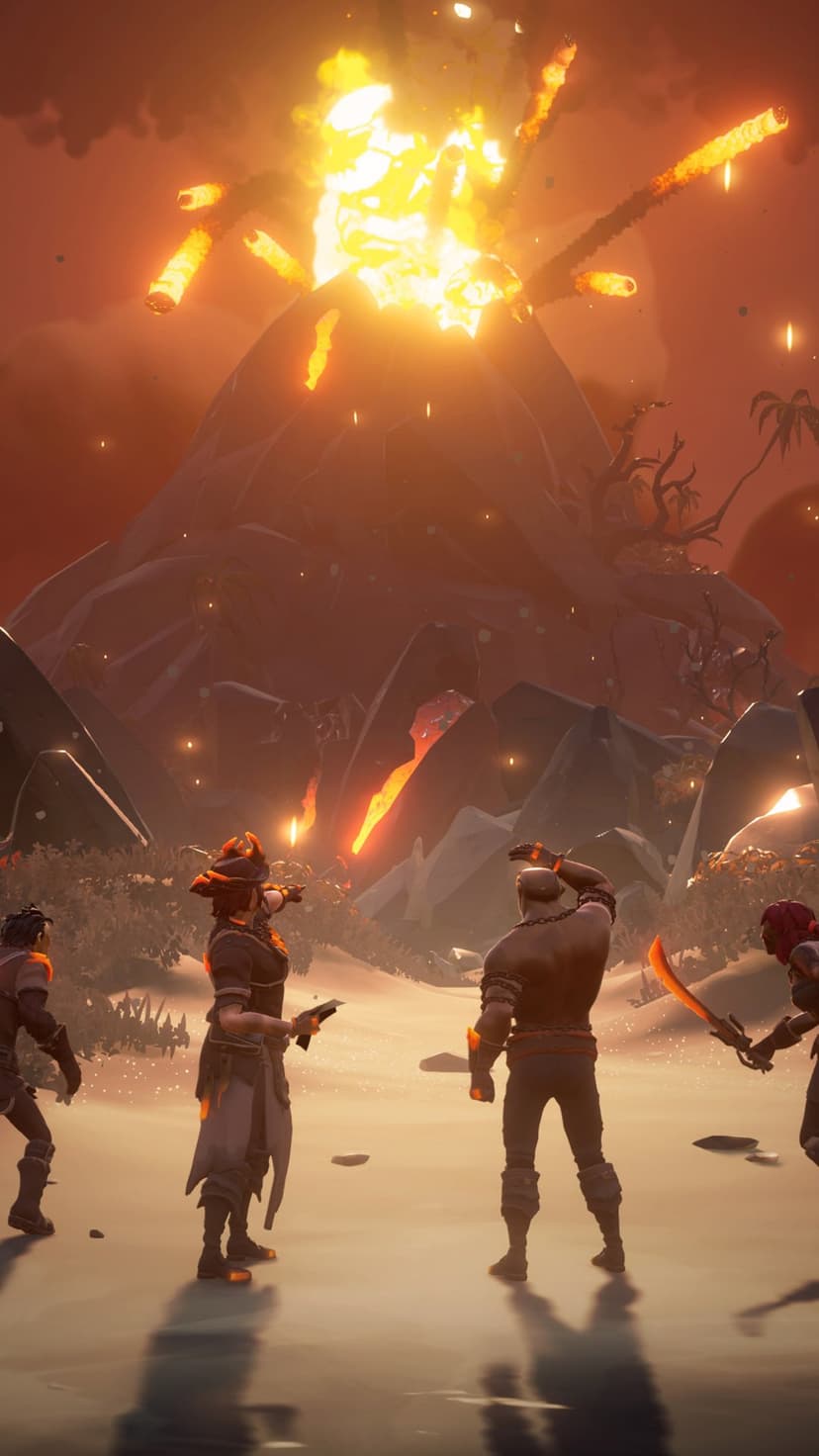 Pirates stand on a beach watching a massive volcano erupt with lava under a dark red sky filled with ash.