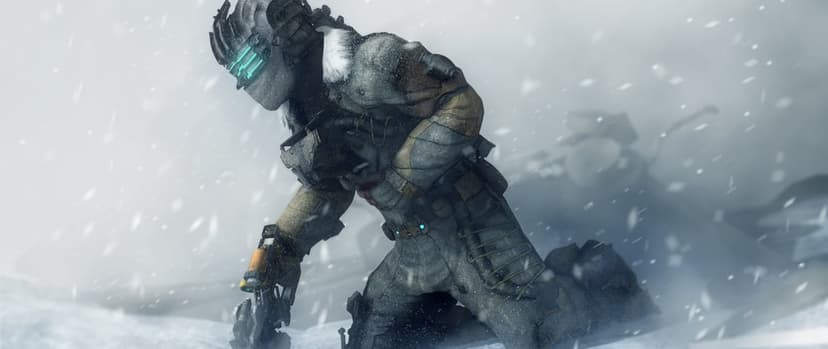 Isaac Clarke in a weathered Arctic Survival suit with a glowing cyan visor kneeling amidst a heavy snowstorm.