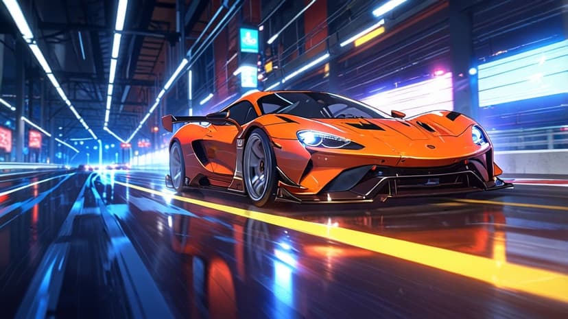 Orange futuristic sports car drives on a wet city street at night with glowing neon lights and motion blur.
