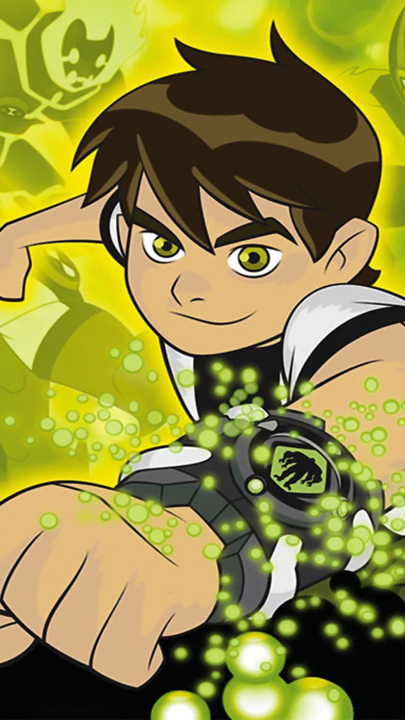 Ben Tennyson activates a glowing green Omnitrix watch while alien silhouettes loom in the dark background.